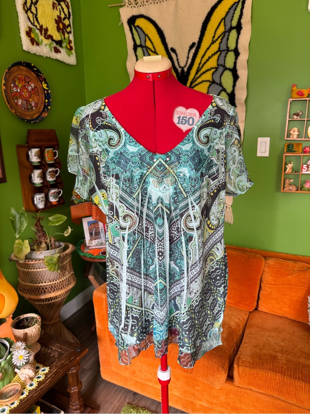 Bohemian Paisley V-Neck Short Sleeve Top - Mint Green